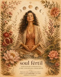 Ilustração conceitual da Consulta Soul Fértil de fertilidade integrativa e pré-concepção consciente de corpo e mente.